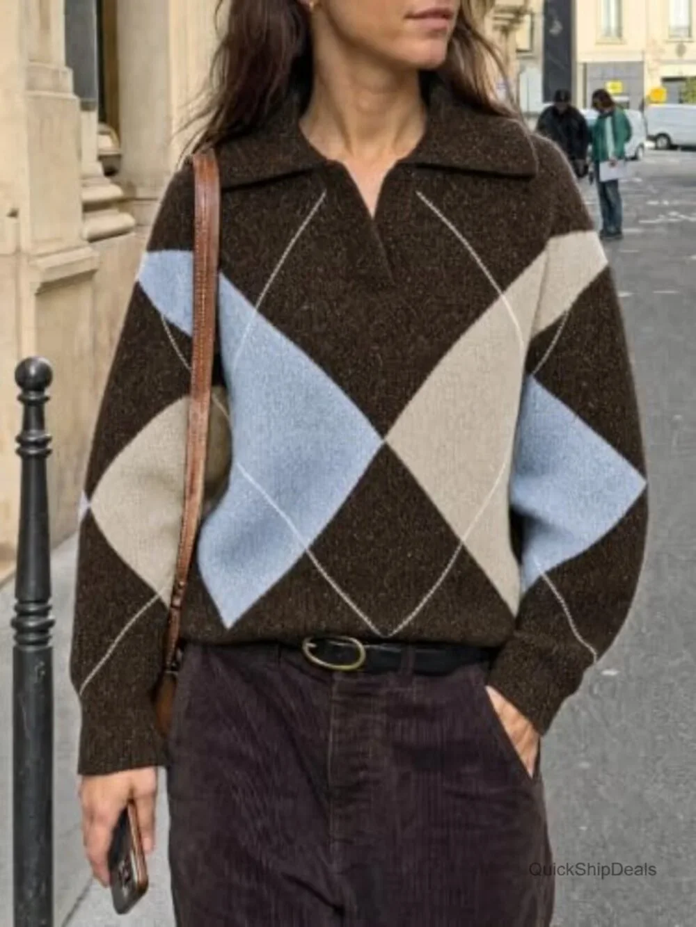 Collared V Neck Argyle Knit Pullover Sweater Long Sleeve Acrylic Blend